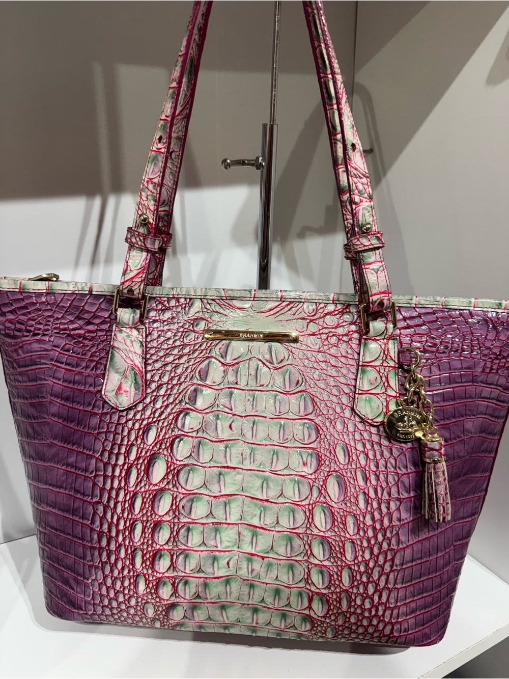 Brahmin medium Asher Pink and Cream Croc-Embossed Tote with Gold Accents